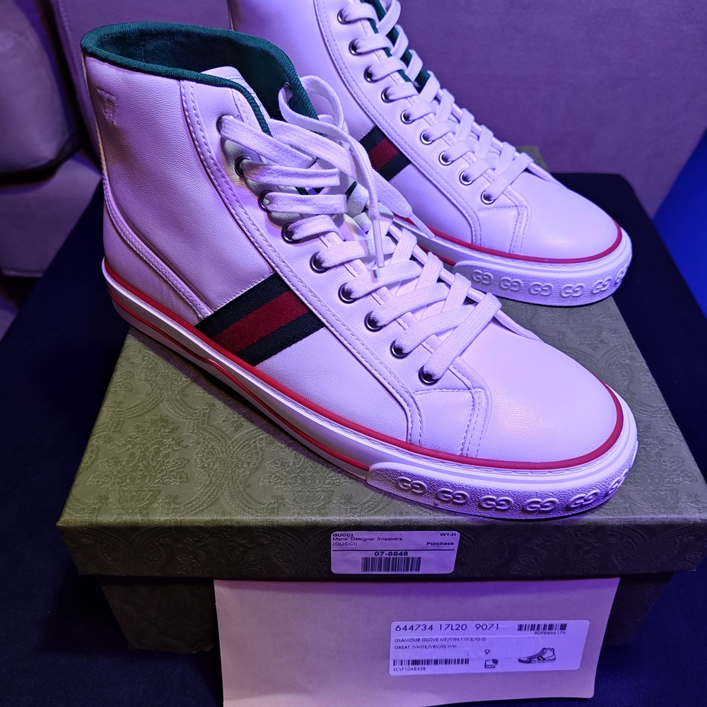 Gucci 1977 White High-Top Sneakers with Red and Green Stripes